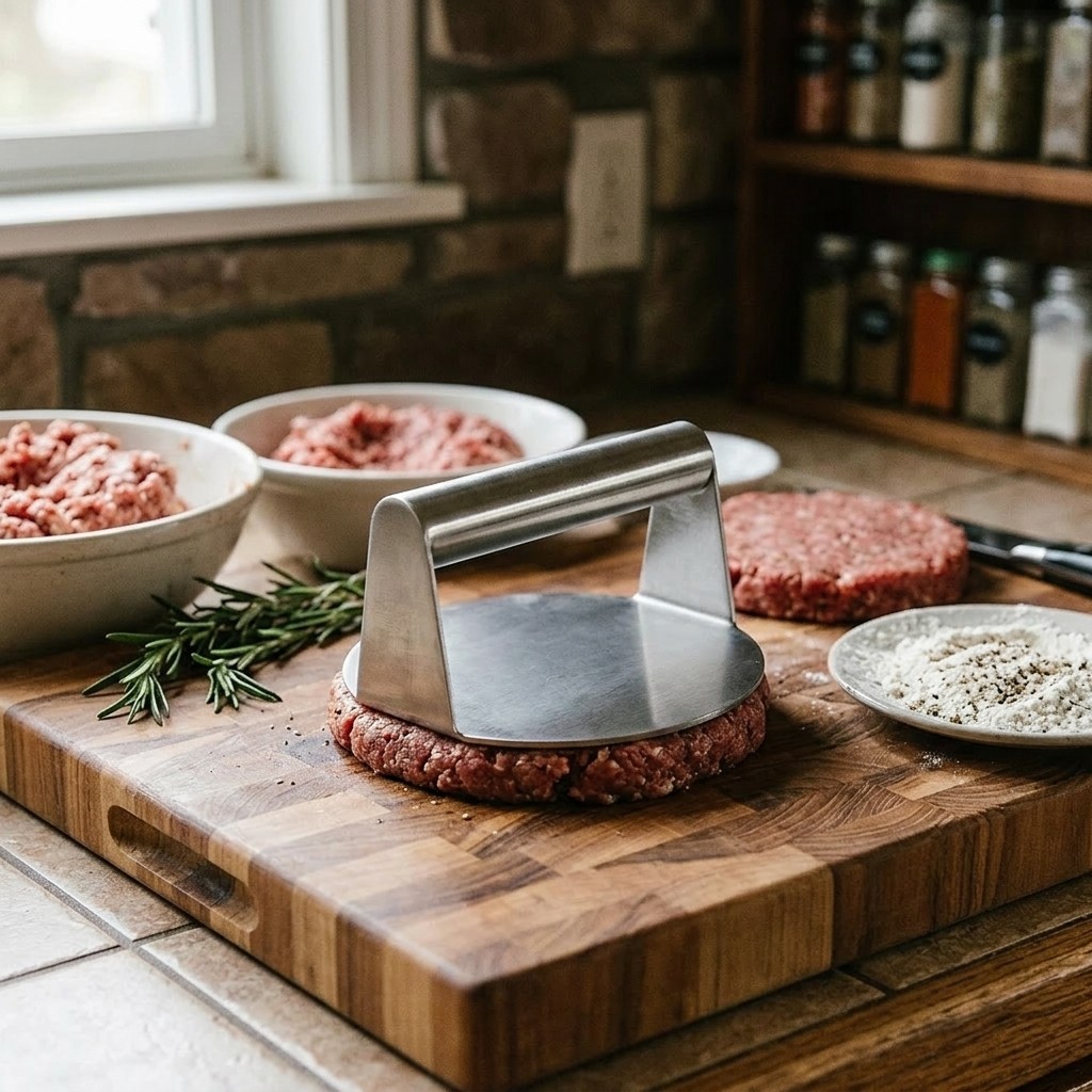 Stainless Steel Flat Burger Press - For Evenly Cooked Patties gallery
