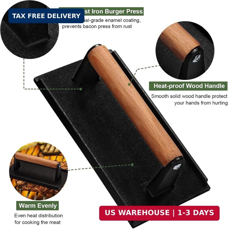 Burger Press, 7" Round & 8.2"X4.3" Rectangle Heavy-Duty Cast Iron Smash Bacon Pr gallery
