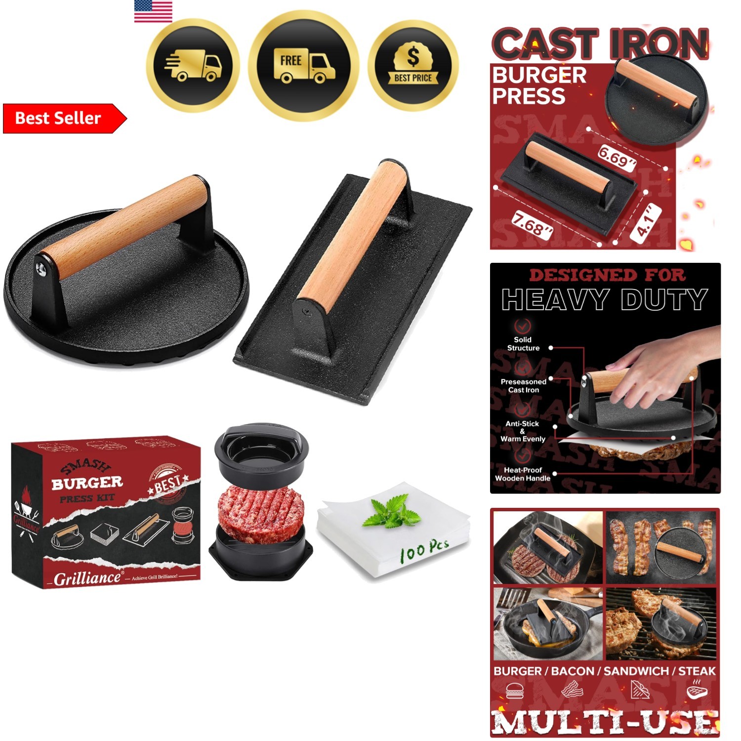 Burger Press Kit Smash Burger Patty Maker Wax Paper Griddle Grill Kitchen gallery