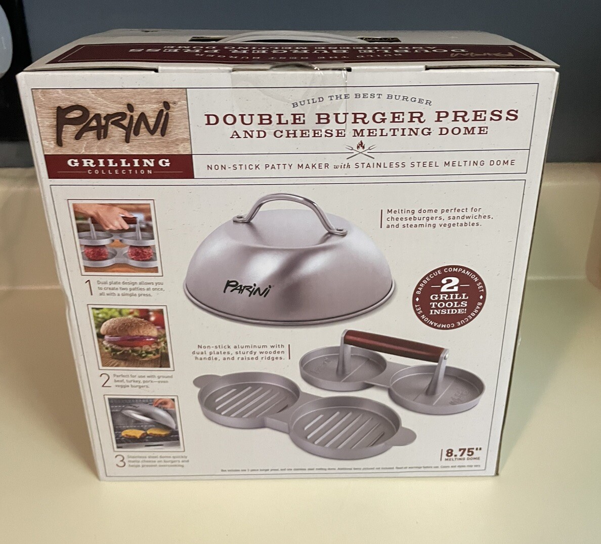 Parini Double Non-Stick Burger Press & Cheese Melting Dome 8.75" NIB gallery