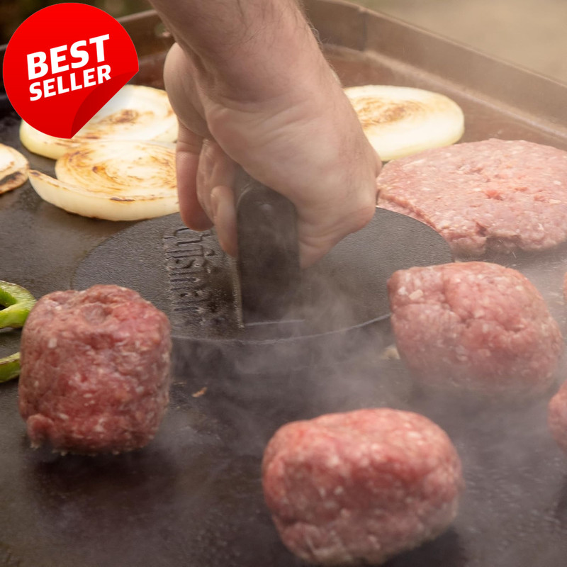 Cast Iron Burger Press 6.5in Round Flat Edge Smash Burger Grill Tool - US gallery