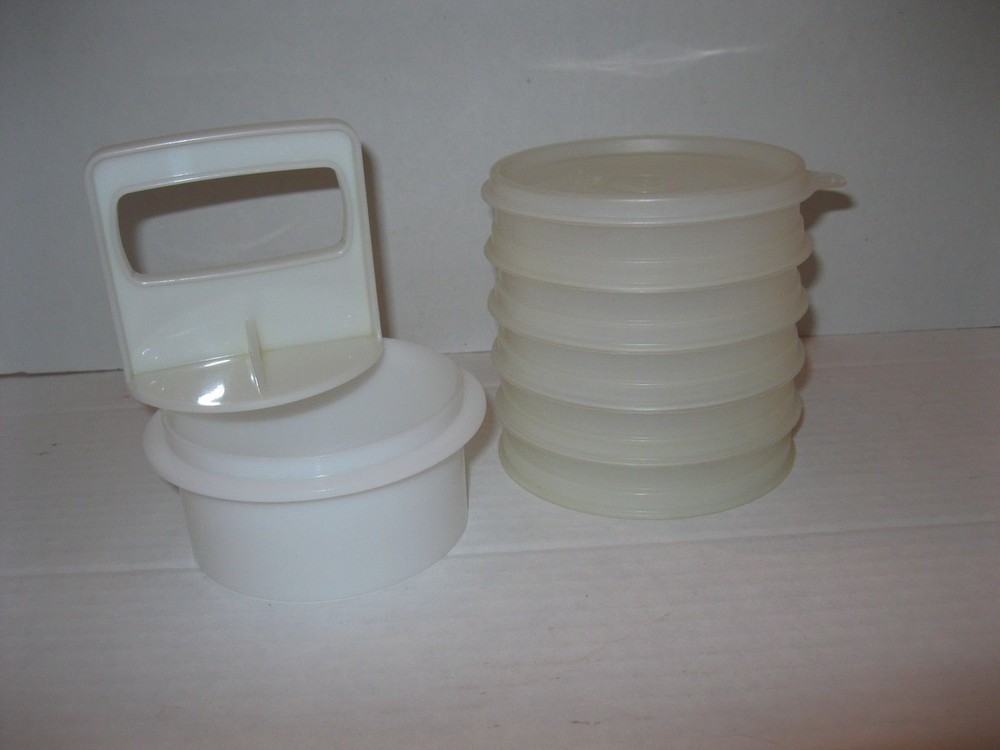 Tupperware Hamburger Press & 8 Freezer Keepers/Storage and Lid USA