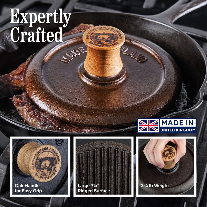 Steak Press Cast Iron Grill Press Griddle Press with Wood Handle for Burgers gallery