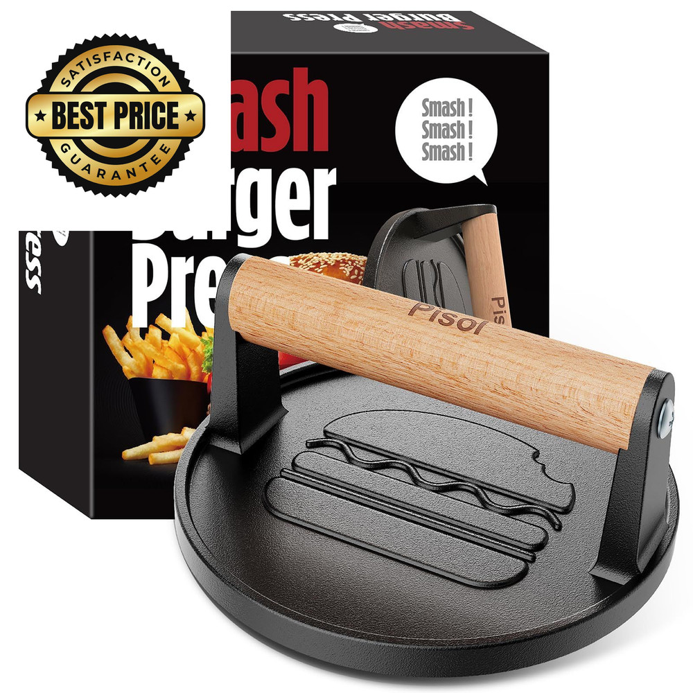 Pisol Smash Burger Press, Pre-Seasoned Cast Iron Hamburger Smasher, 2 Round