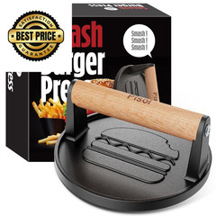 Pisol Smash Burger Press, Pre-Seasoned Cast Iron Hamburger Smasher, 2 Round