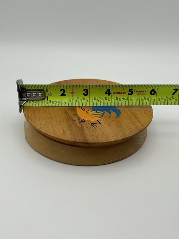Vintage Wooden Hamburger Press with Colorful Singing Rooster Design gallery