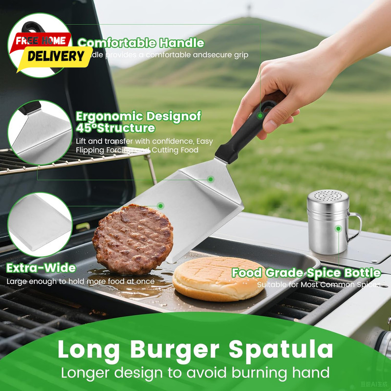 Smashed Burger Press Kit with Large Metal Spatula, Stainless Steel Press, Season gallery