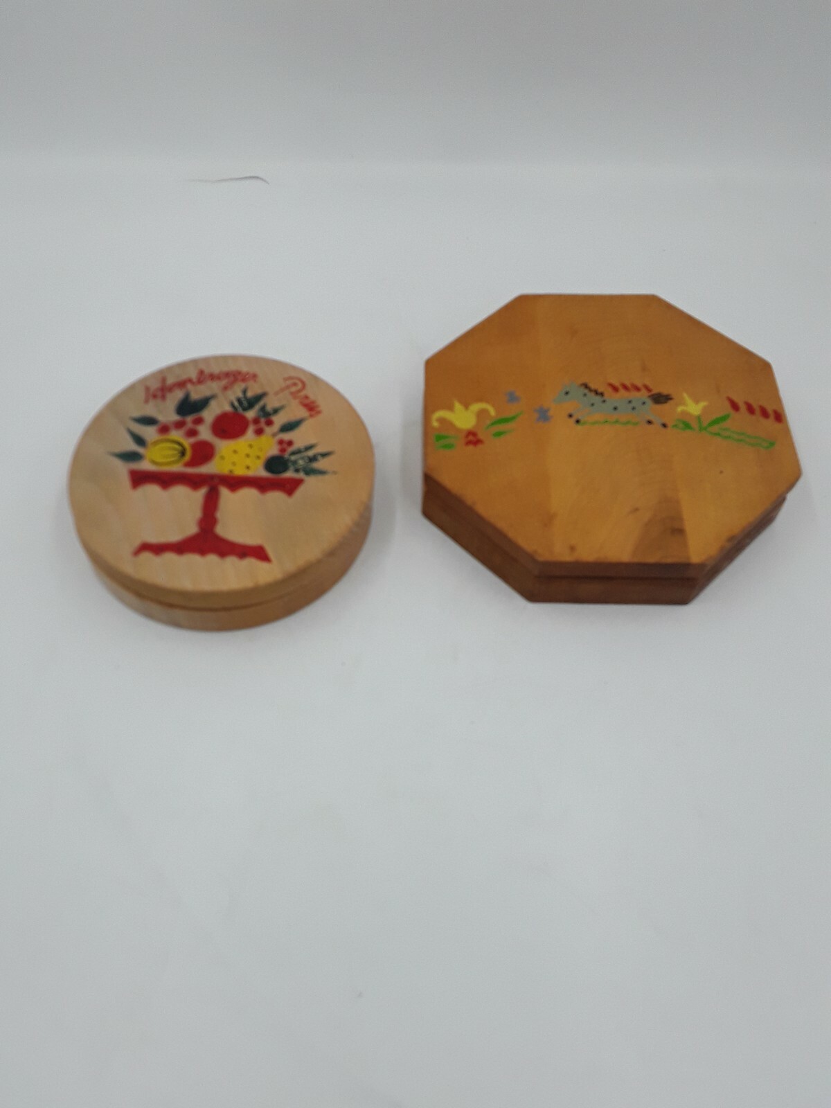 Vtg Folk Art Wooden Hamburger Patty Press w/ Painted Fruit,horse, Set of 2 gallery