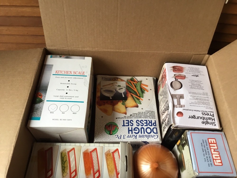 6 KITCHEN GADGETS IN BOXES CHEESE SHREDDER PEROGIE MAKER HAMBURGER PRESS ETC ETC