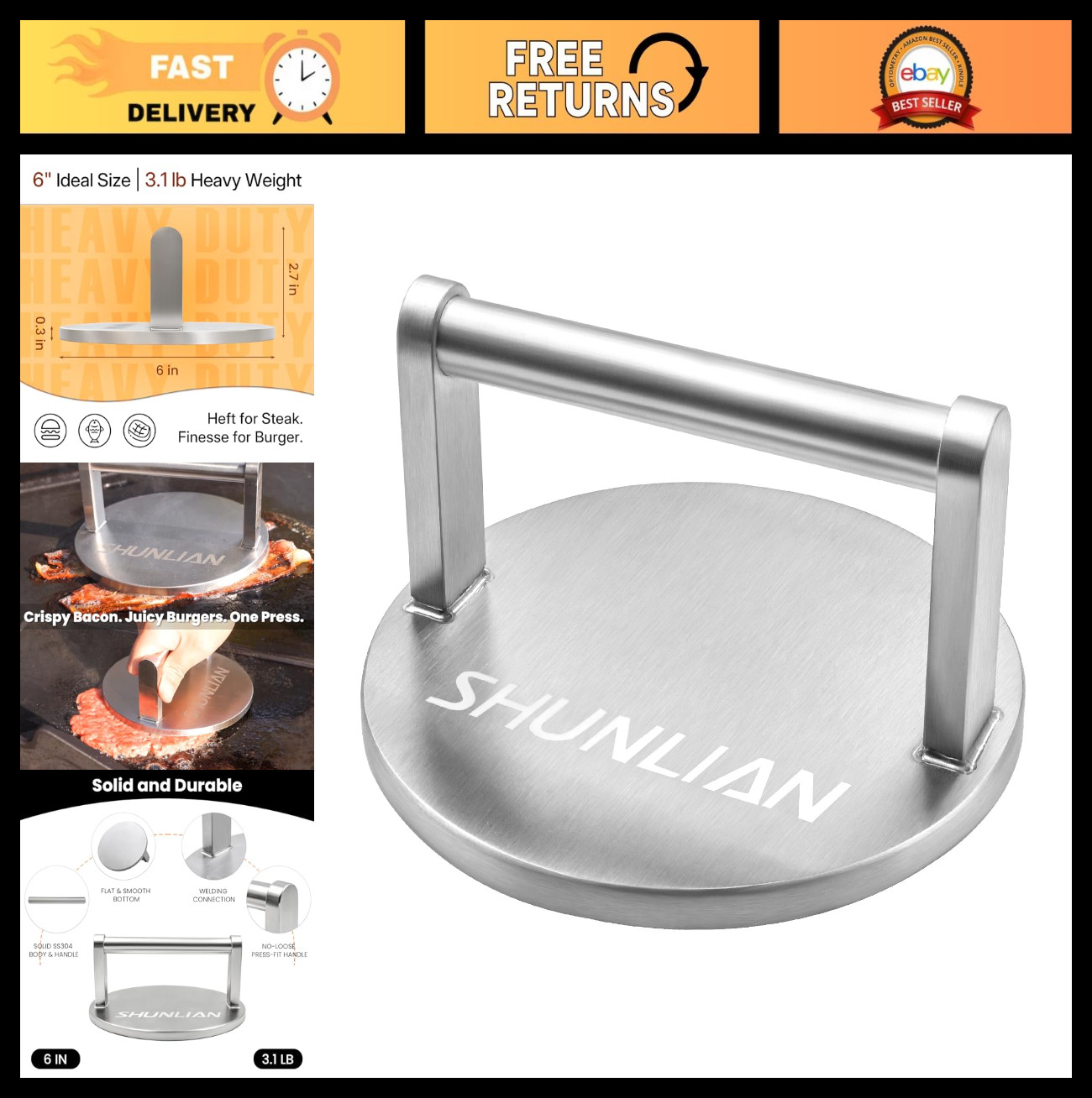 Heavy Duty 6" Burger Press Tool - Non-Stick Stainless Steel Smasher for BBQ, Gri gallery