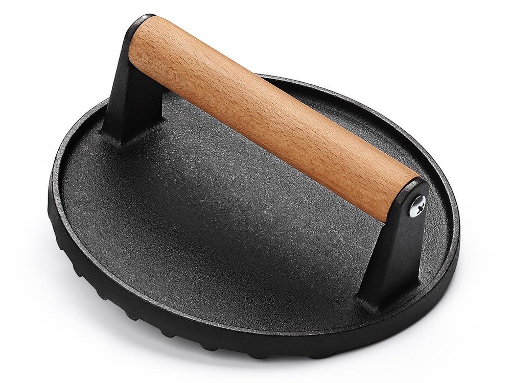 Burger Press 7 round HeavyDuty Cast Iron Smash Bacon Press Meat Steak with Wo