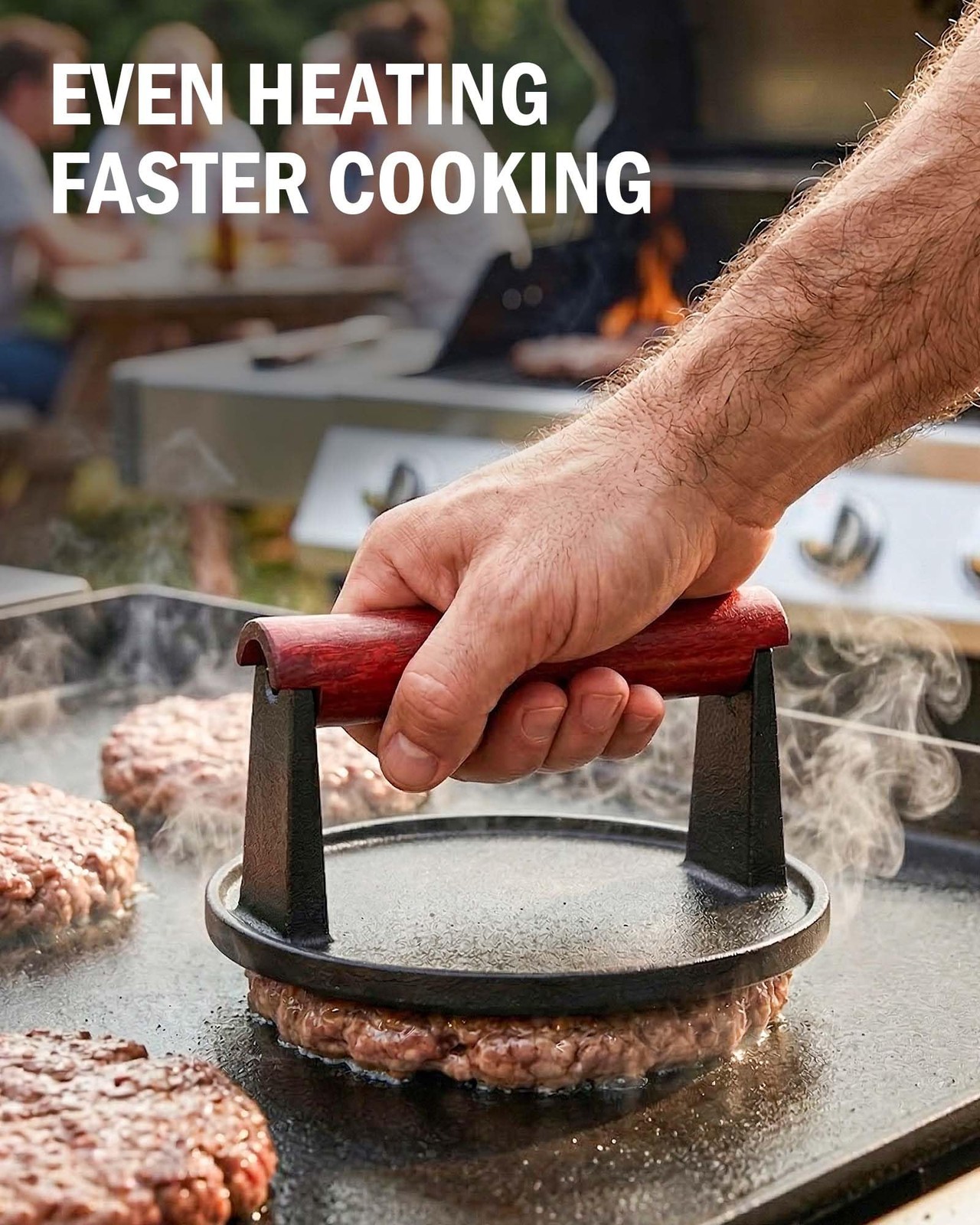 6 Inch Cast Iron Smash Burger Press Extended Wood Handle Round Flat Edge Grill gallery
