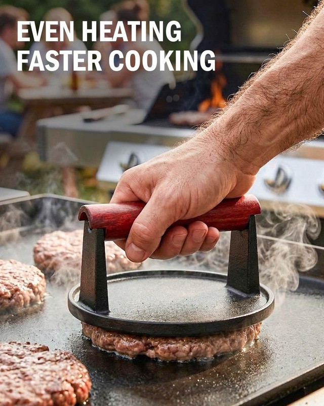 6 Inch Cast Iron Smash Burger Press Extended Wood Handle Round Flat Edge Grill gallery