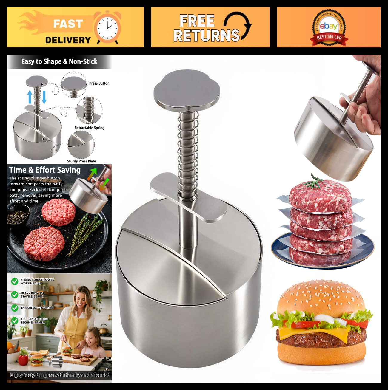 Heavy Duty Adjustable Burger Press, Non-Stick Patty Maker + 150 Paper Liners, BB gallery