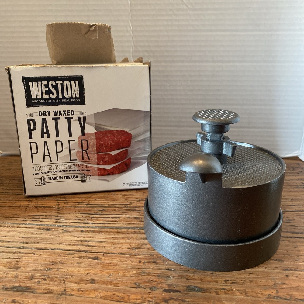 Weston Single Hamburger Press Heavy Duty Patty Maker with Waxed Papers Open Box