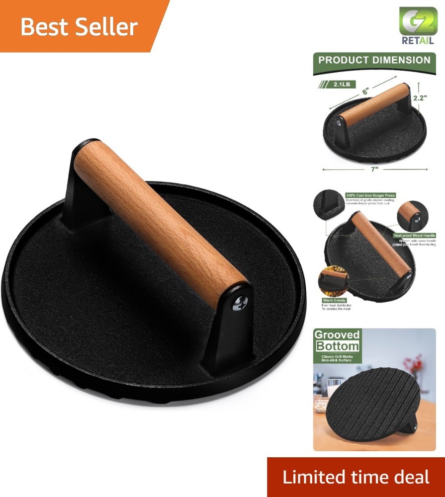 7” Heavy-Duty Grill Press with Safe Wood Handle - Ideal for Any Cooking Surface