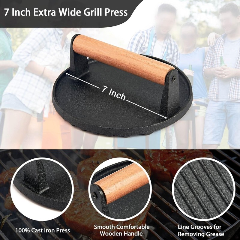7 Inch Griddle Press Cast Iron Round Smash Grill Press Burger Smasher Bacon Meat gallery