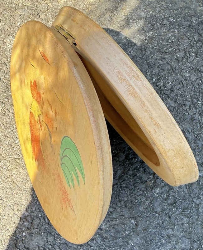 Wooden Hinged Round Hamburger / Patty Press Painted Roosters Vintage Japan gallery
