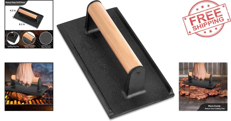 Food-Grade Cast Iron Smash Press, 8.2"x4.3" for Juicy Burgers & Healthy Meals gallery