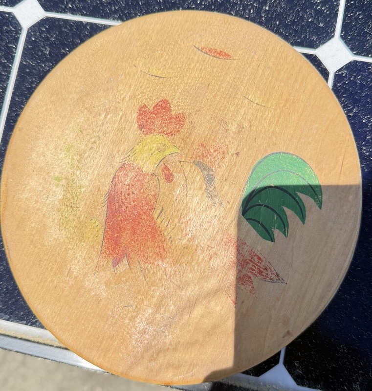 Wooden Hinged Round Hamburger / Patty Press Painted Roosters Vintage Japan gallery