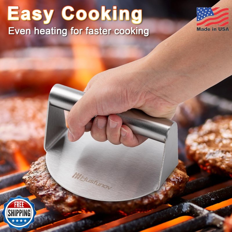 Husfunov Stainless Steel Burger Press, 5.5 Inch Round Smasher,Non-Stick Smooth H gallery