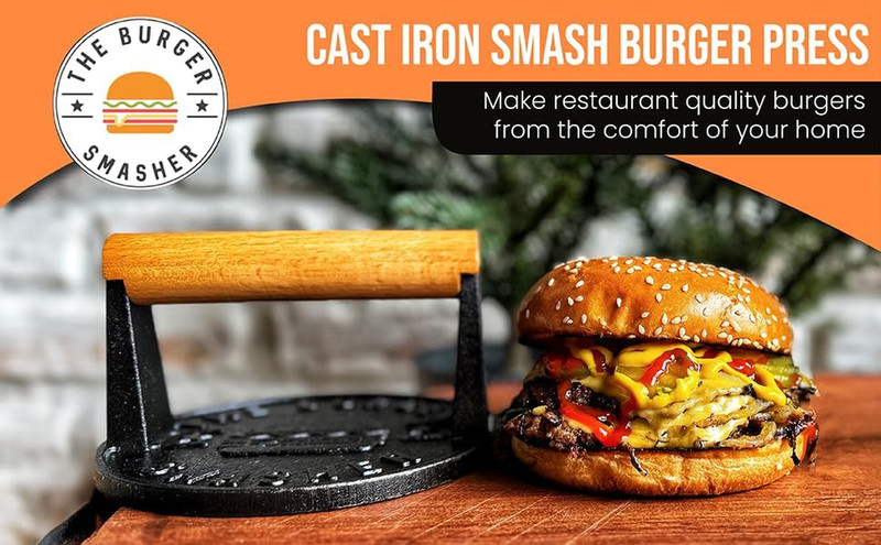 ™ Pre-Seasoned Heavy Duty Cast Iron Smash Burger Press Kit - Heat Resistant Burg gallery