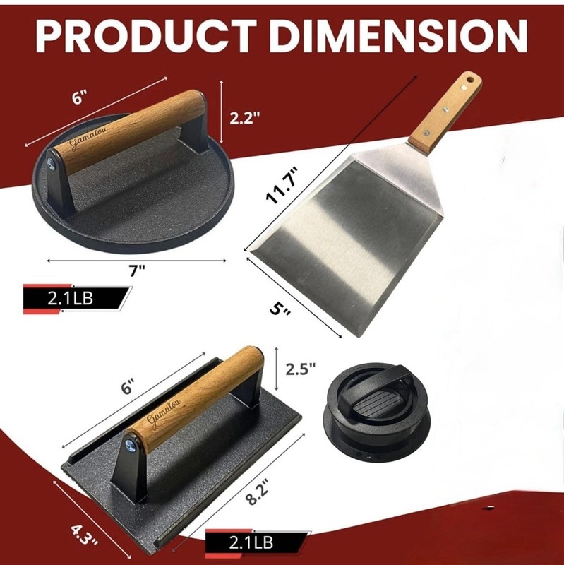 Smashed Burger Press BBQ Kit: 7" Black Round & 8.2x4.3 Rectangle Cast Iron Bacon gallery