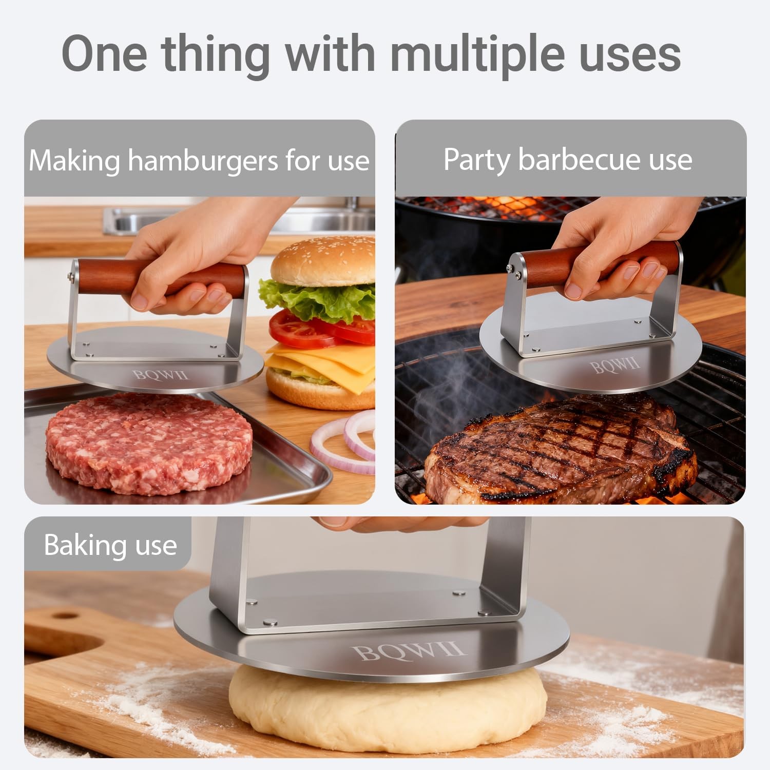 Burger Press Round Stainless Steel Meat Patty Maker Wood Handle 6.3 Inch gallery