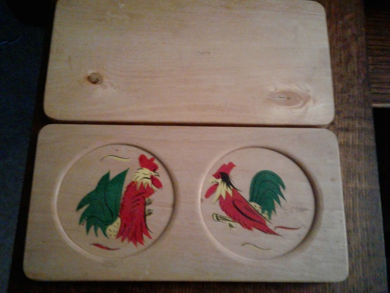 Vintage Double Wood Hamburger Press with Hand Painted Rooster Design   gallery