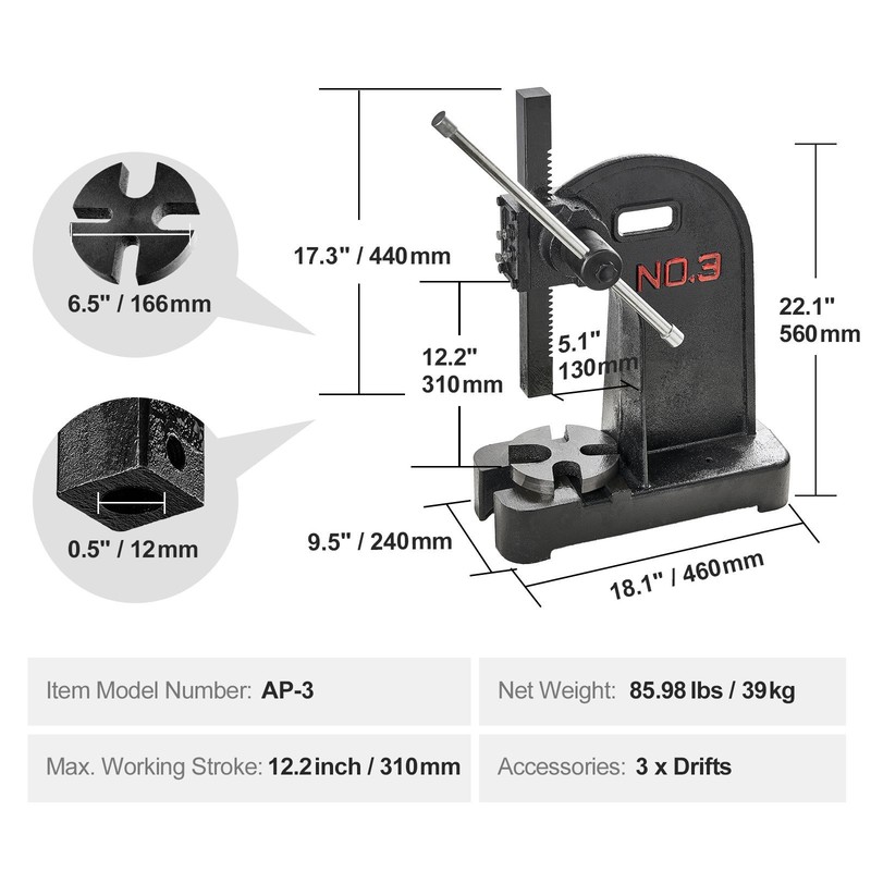 Arbor Press, 3 Ton Manual Arbor Press, 12.2" Maximum Height, Cast Iron Heavy-dut gallery
