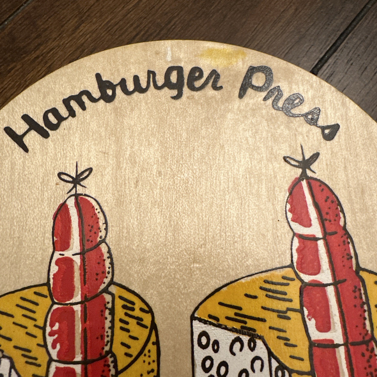 Vintage Wooden Hamburger Press Handheld Manual Sausage And Cheese Graphic Nevco gallery