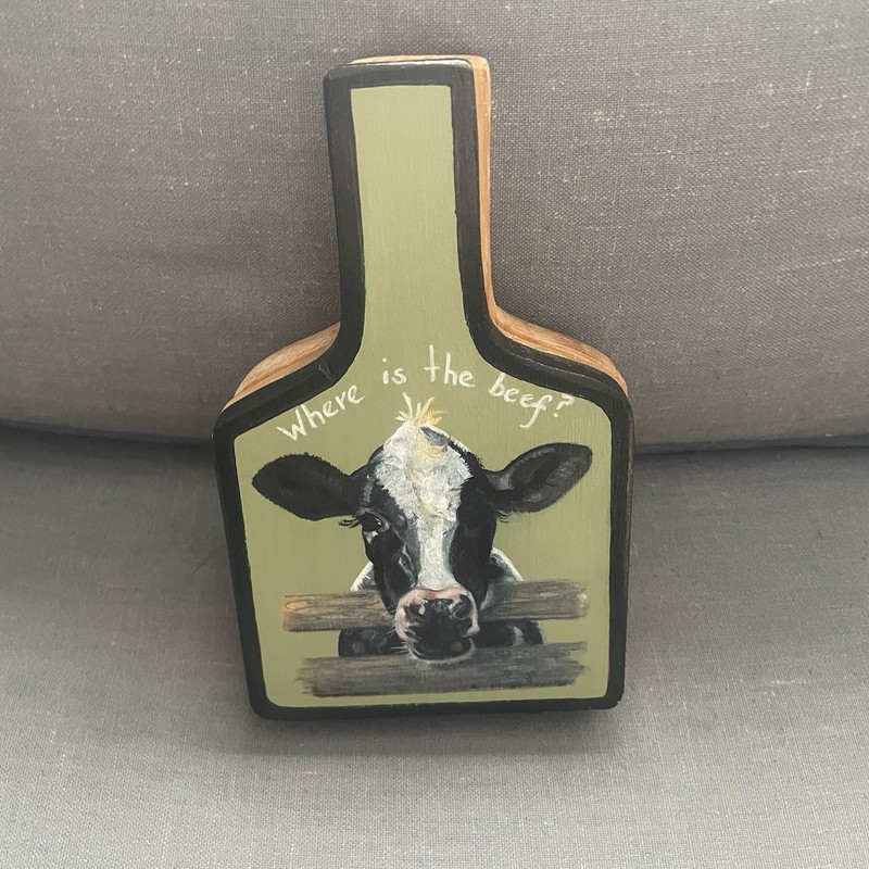Vintage Wooden Hamburger Patty Press - Cow Painted Kitchen Tool - Farmhouse gallery