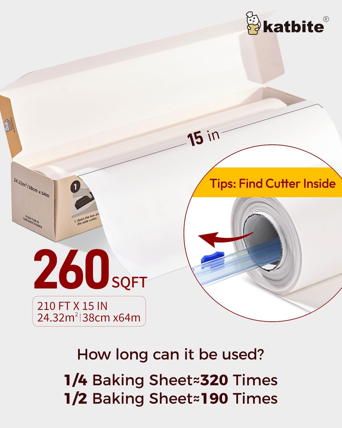 Katbite Parchment Paper Roll for Baking, 2 Pack of 15 15 in x 420 ft, White gallery