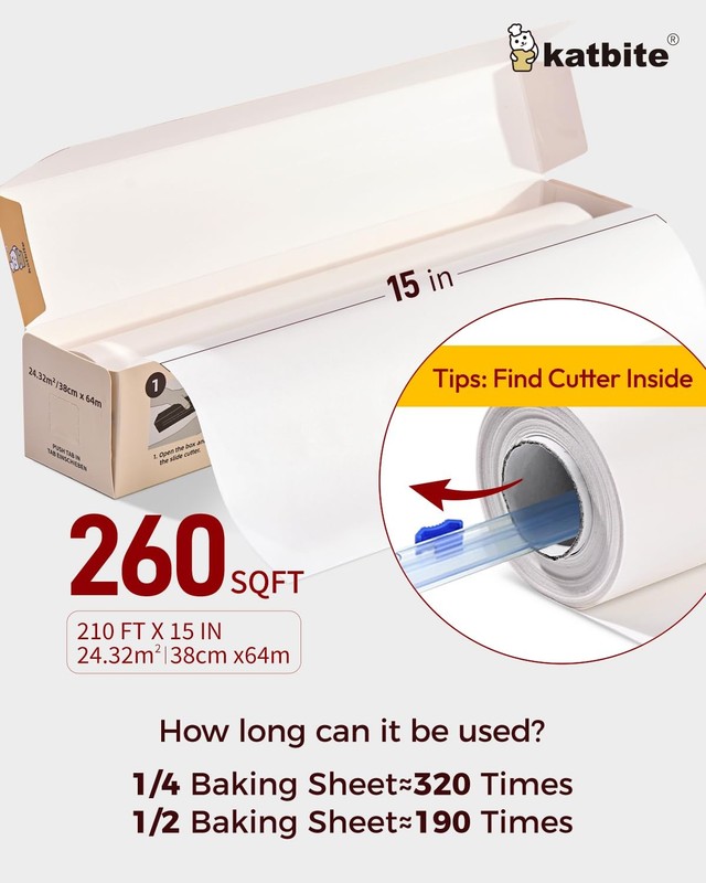 Katbite Parchment Paper Roll for Baking, 2 Pack of 15 15 in x 420 ft, White gallery