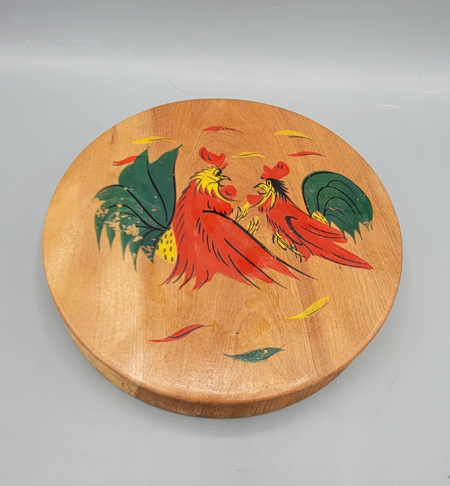 Vintage Wooden Wood Hamburger Patty Press Hand Painted Folk Art Chickens Rooster gallery