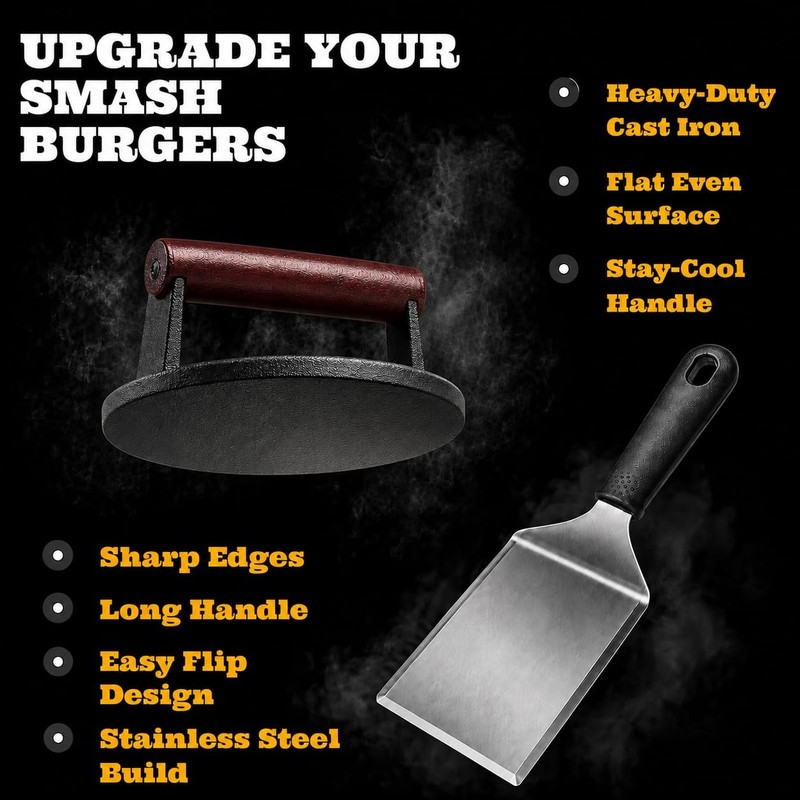Smash Burger Press Kit - Cast Iron Burger Press (6.5 in), Smash Burger Spatul... gallery