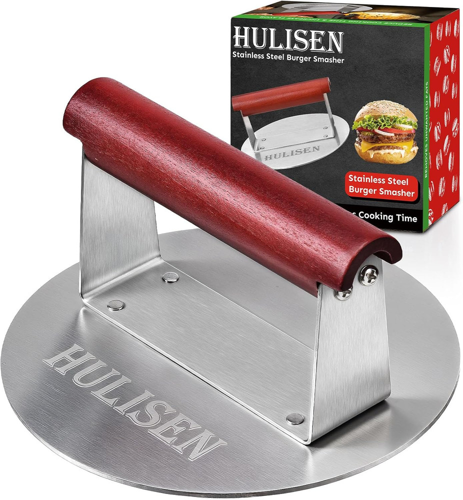 6.2" Stainless Steel Smashed Burger Press with Extra Wide Heat-Resistant Wood Ha