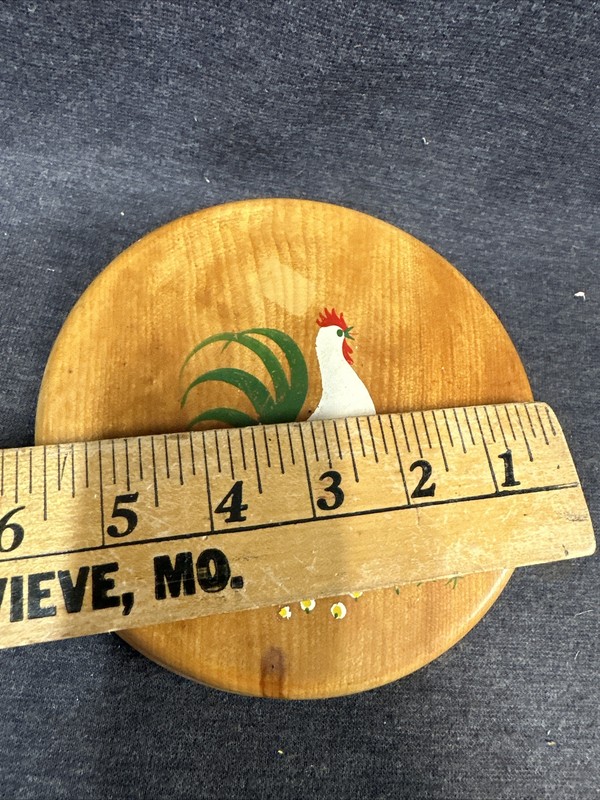 Vintage MCM Hamburger Press Wood Painted Rooster Good Condition 5.5” Diameter gallery