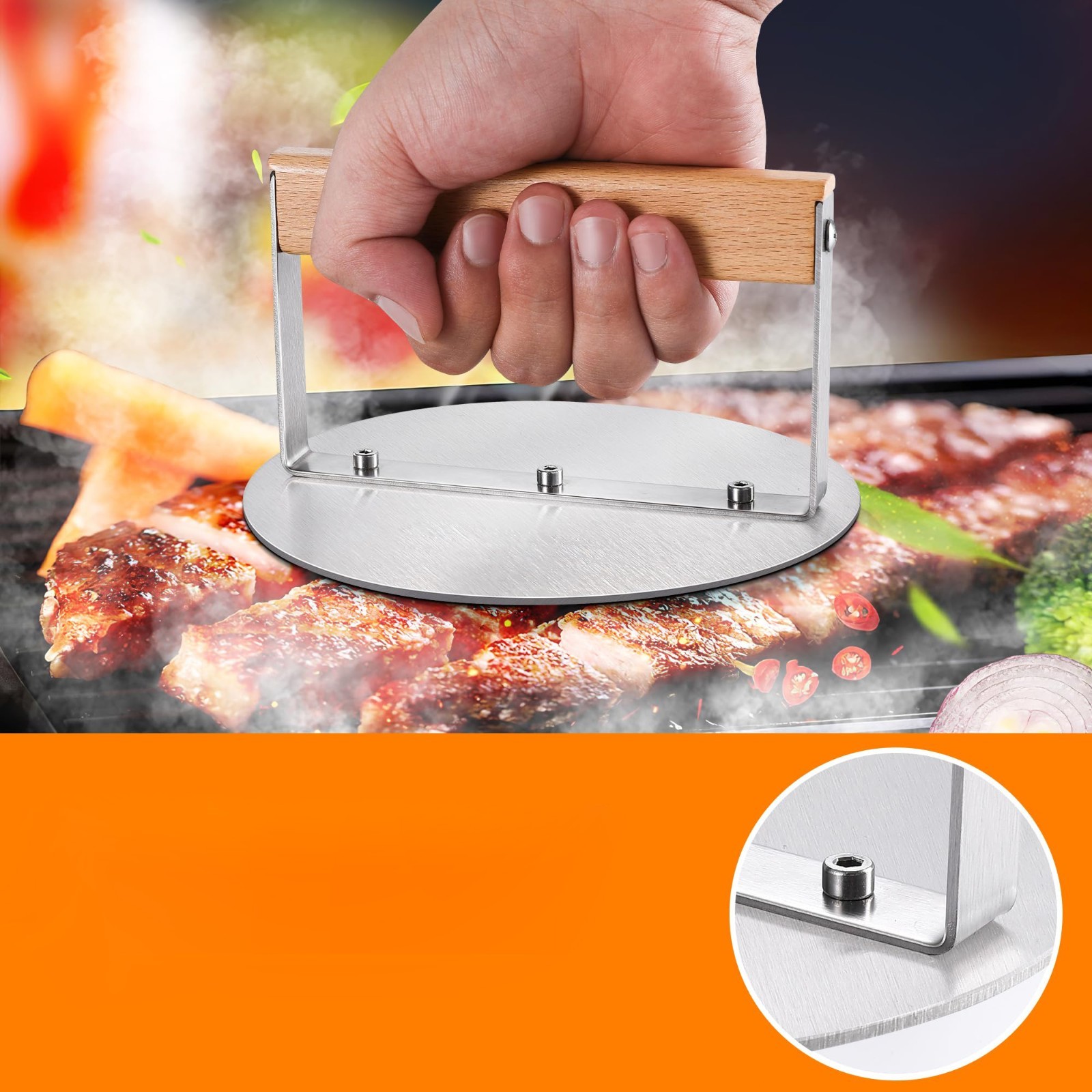 Burger Press 6 Inch, Stainless Steel Hamburger Smasher, Grill Tool, Silver gallery