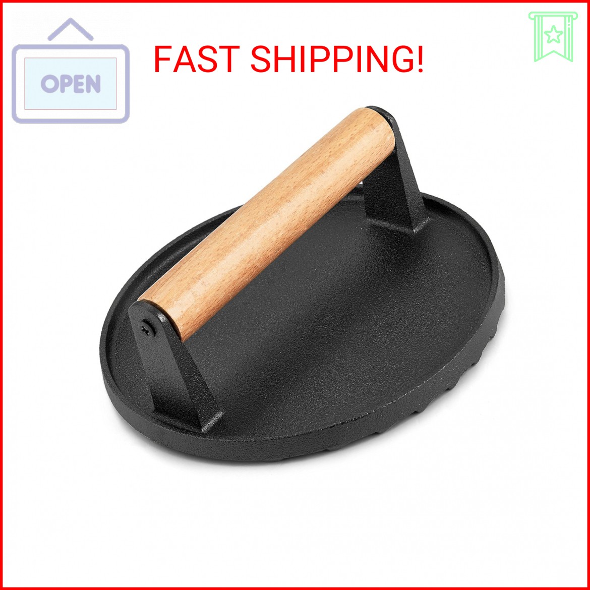 HaSteeL Single Cast Iron Grill Press, Heavy Duty 7In Bacon Burger Press with Woo gallery