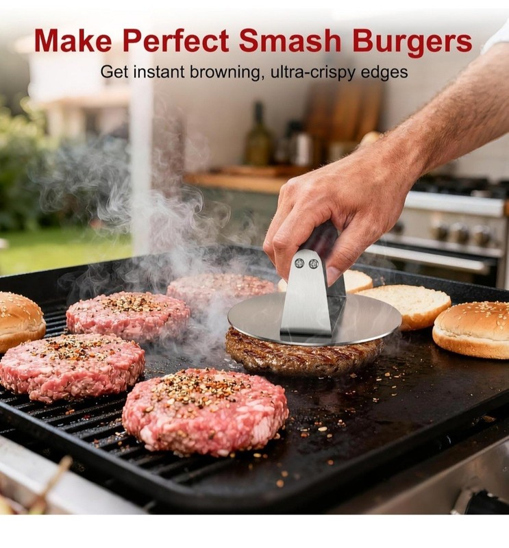 Smash Burger Press 6.3" Round Heavy Duty Stainless Steel Reinforced Wood Handle gallery