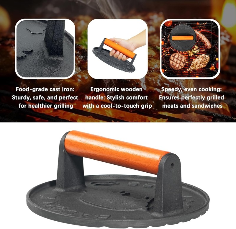 7 Inch Griddle Press Cast Iron Round Smash Grill Press Burger Smasher Bacon Meat gallery
