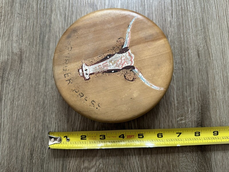 Vintage 1950s Hand Painted Bull Steer Longhorn Wood Hinged Hamburger Press gallery