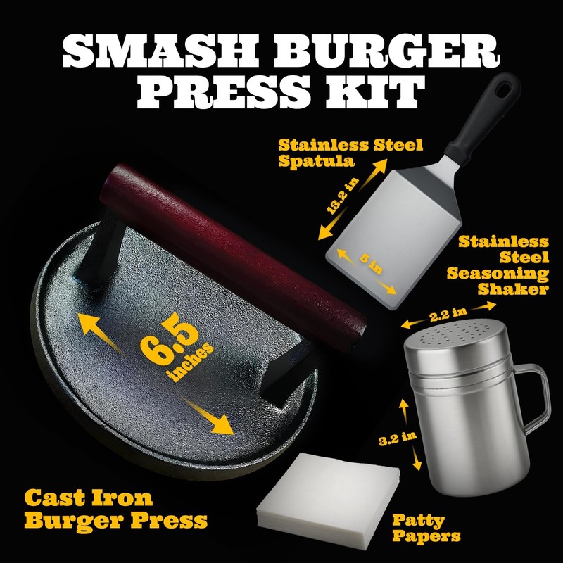 Smash Burger Press Kit - Cast Iron Burger Press (6.5 in), Smash Burger Spatul... gallery