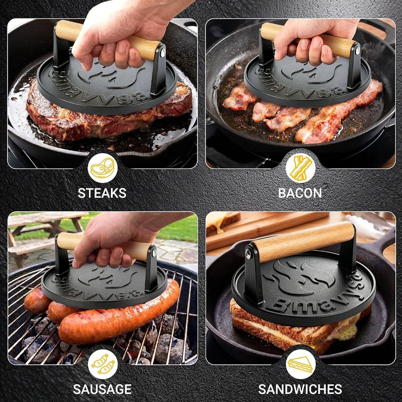 Heavy-Duty Cast Iron Smash Burger Press, Non-Stick and Rust Resistant, Burger Sm gallery