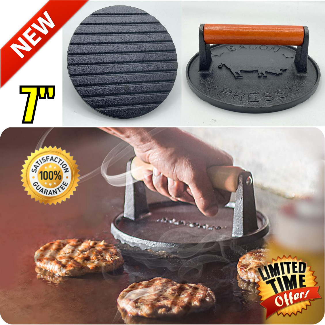 7 Inch Cast Iron Grill Press Burger Bacon Steak Heavy Duty For Flat Top Griddle gallery