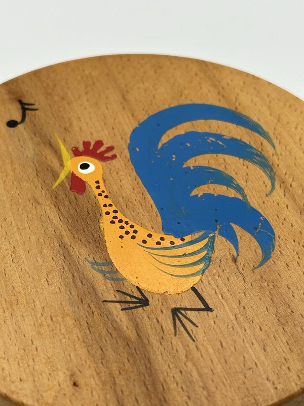Vintage Wooden Hamburger Press with Colorful Singing Rooster Design gallery