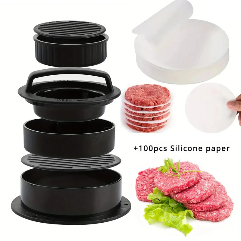 3 in 1 Burger Press Patty Maker Stuffed Hamburger Press Kit with 100 Wax Papers