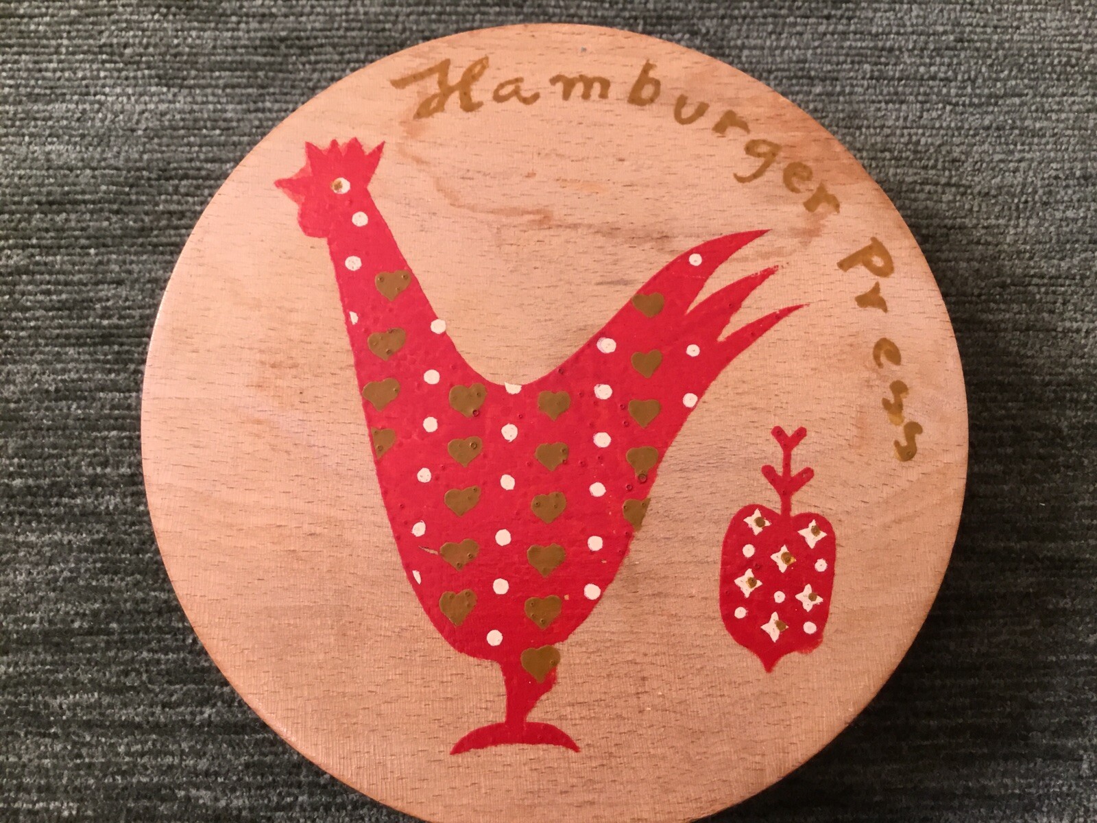 Vintage Wooden Hamburger Press Rooster Hinged Lid 6” x 6” Kitchen Decor gallery