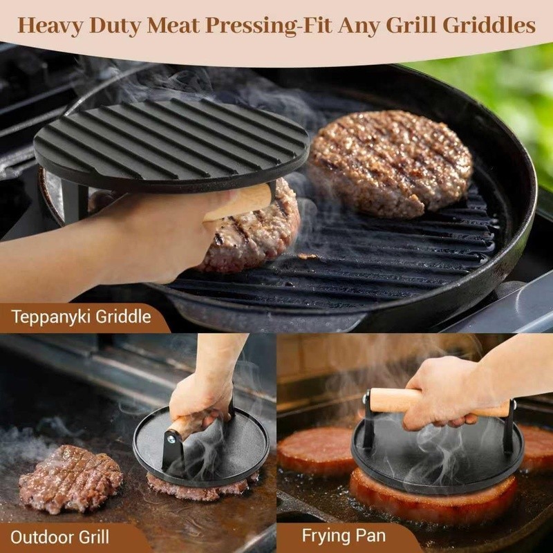 Cast Iron Burger Press Kit W/ Stainless Steel Tongs Spatula BBQ Grill Tools New gallery